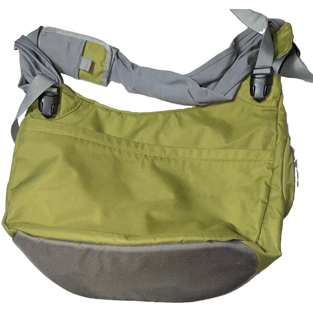 Go GaGa messenger-style diaper bag features a unique olive green and gray color